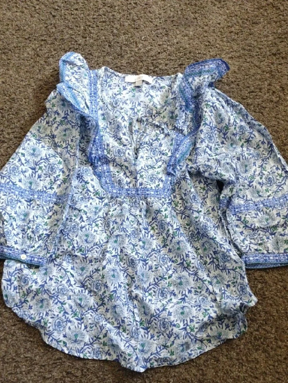 LOFT Blue Floral Ruffle Peasant Blouse